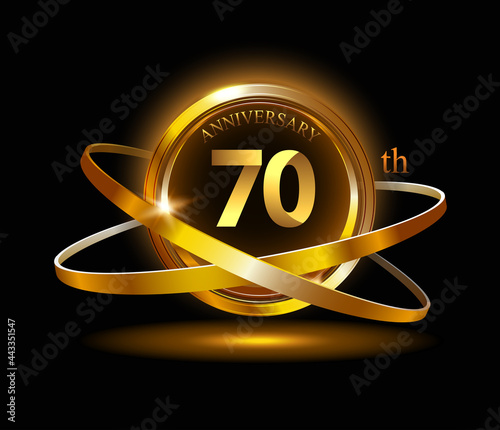 70th anniversary with gold ring graphic elements on black background
