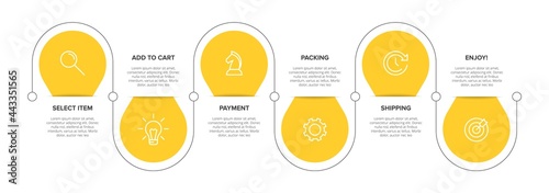 Concept of shopping process with 6 successive steps. Six colorful graphic elements. Timeline design for brochure, presentation, web site. Infographic design layout.