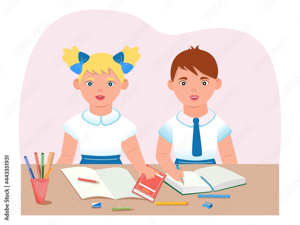 Children and education. Two characters - a boy and a girl - are studying at the table. Preschool age. Teenager. Hipster. Children's work environment during mental activity. Children and education. Two characters - a boy and a girl - are studying at the table. Preschool age. Teenager. Hipster. Children's work environment during mental activity.