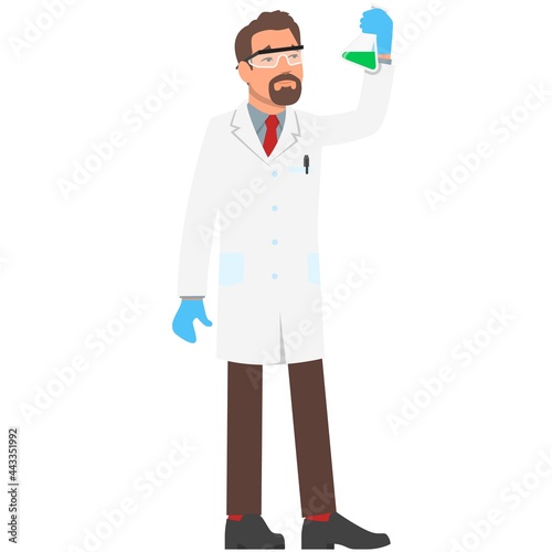 Vector man chemist with flask science laboratory worker icon photo