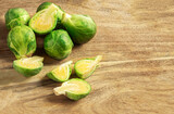 Brussel Sprouts on a cutting board.  Cooking Brussels sprouts,  Top view. Copyspace.