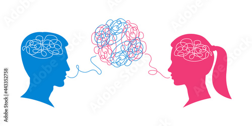 Man and woman dialogue with confused thoughts in their brain. Male and female head silhouettes with convoluted mind and speech. Couple communication, relationship concept. Vector illustration.