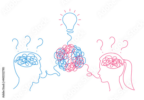 Man and woman dialogue with confused thoughts in their head and questions in their brain. Brainstorm process. New idea, solution concept. Couple communication, relationship. Vector illustration.