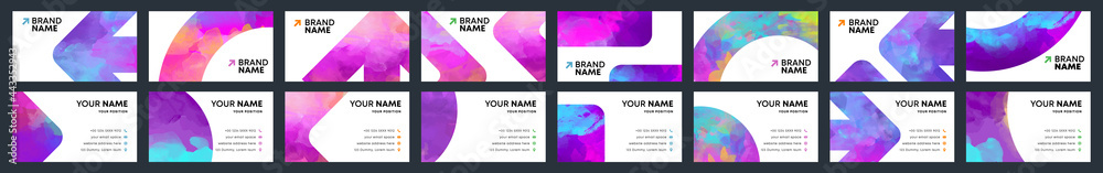 Big set of bright colorful business card template with vector watercolor white background