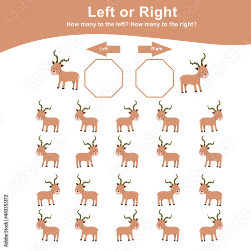 Left or Right Game for Preschool Children. Counting how many impalas are left and right. Educational printable math worksheet. Additional math for kids. Vector illustration in cartoon style. 