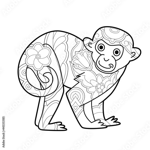 Contour linear illustration with animal for coloring book. Cute monkey  anti stress picture. Line art design for adult or kids  in zentangle style and coloring page.