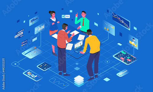 isometric illustration of teamwork have discussion on the meeting with infographic image around the people