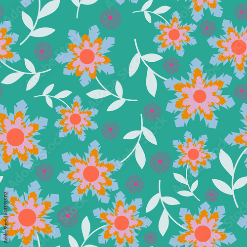 Green background with large red star like florals and stem seamless pattern background design.