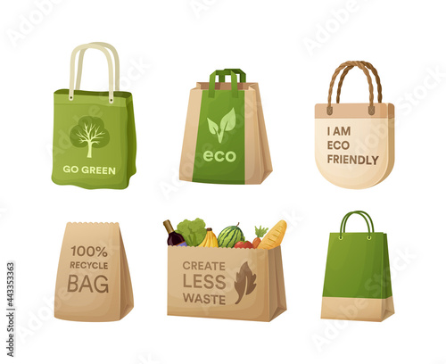 Set recycling paper bags. Cardboard for carrying with eco friendly logo. Disposable package with handle for purchase or delivery. Organic ecological boxes and packaging