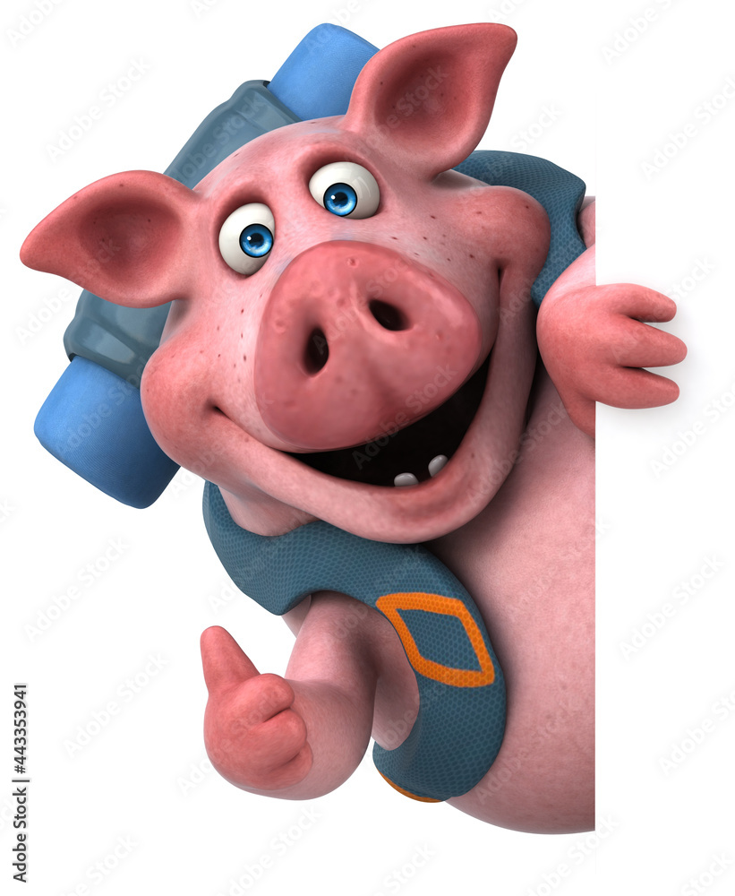 Naklejka premium Fun backpacker pig cartoon character