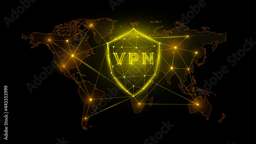 Polygonal vector illustration of a virtual private network, shield with vpn and world map.