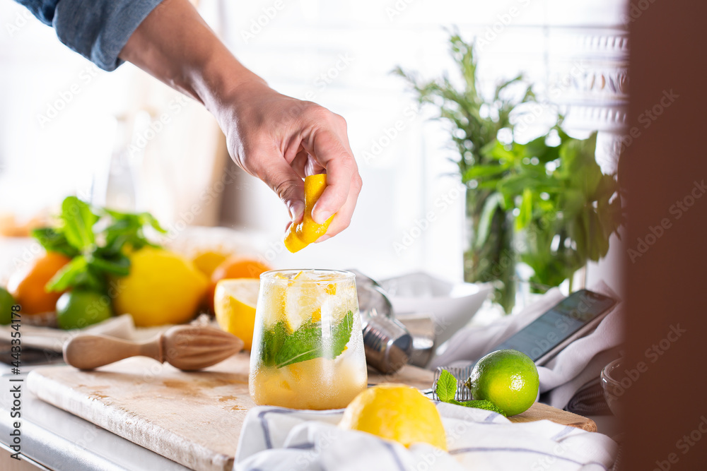 Mixologist making refreshing cocktail with hard seltzer at home