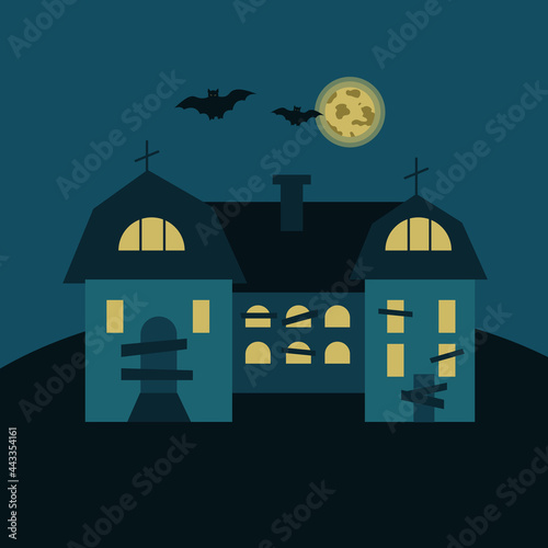 Mysterious house with crosses on the roof, bats on the background of the moon. Gloomy vector illustration for Halloween.