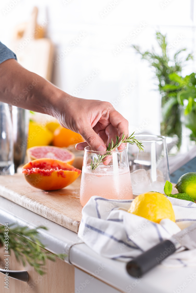 Mixologist making refreshing cocktail with hard seltzer at home Mixologist making refreshing cocktail with hard seltzer at home