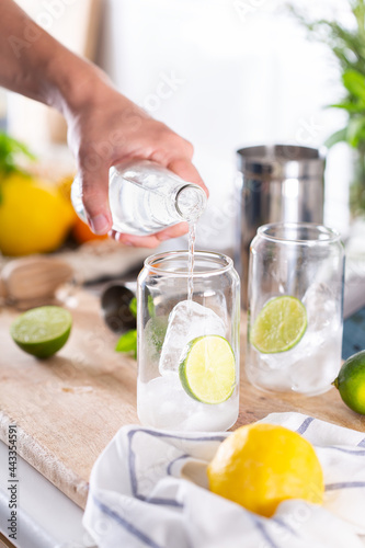 Mixologist making refreshing cocktail with hard seltzer at home