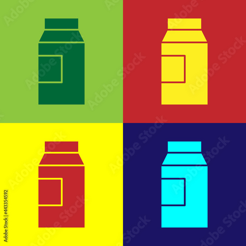 Pop art Paper package for milk icon isolated on color background. Milk packet sign. Vector