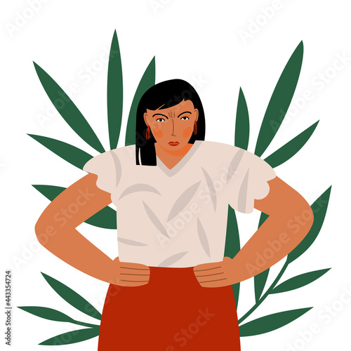 A portrait of a young discontented woman with her hands on the hips. A character expressing negative emotions. Vector flat illustration with an annoyed person