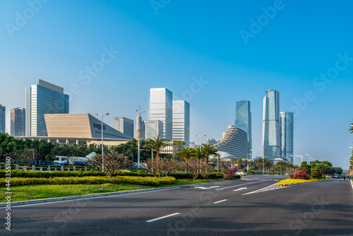 Central business district  roads and skyscrapers  Xiamen  China.