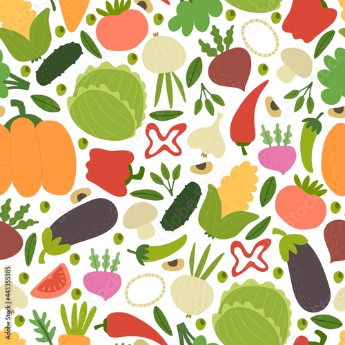 Fototapeta Naklejka Na Ścianę i Meble -  Seamless pattern with cartoon vegetables, decor elements. colorful vector. hand drawing, flat style. design for fabric, print, textile, wrapper