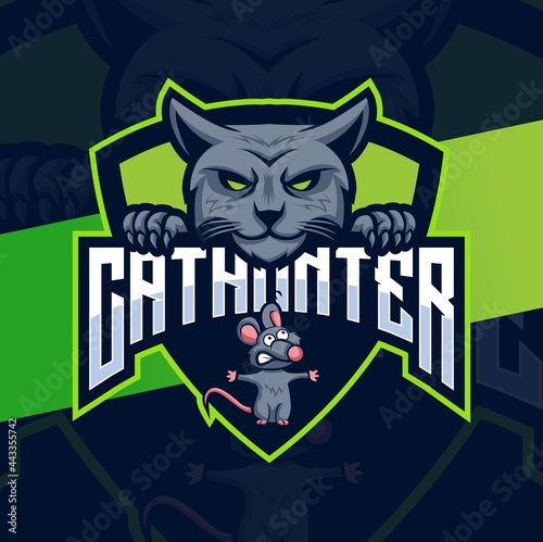 cat hunter logo designs with cat and mouse mascot character for game and animal logo
