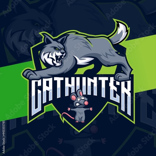 cat hunter logo designs with cat and mouse mascot character for game and animal logo