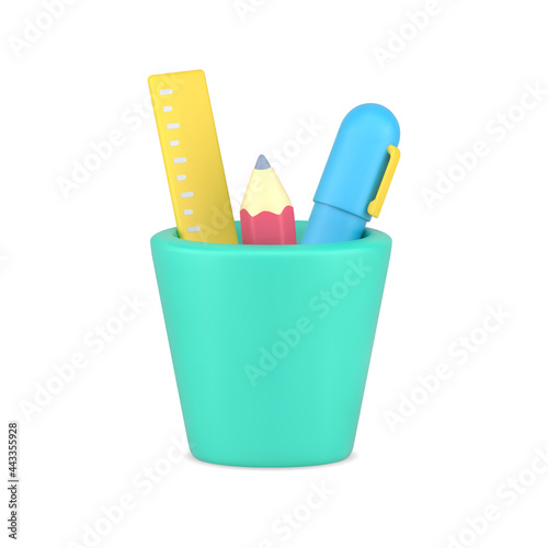 Glass with 3d stationery. Yellow ruler with pink sharpened pencil and blue pen