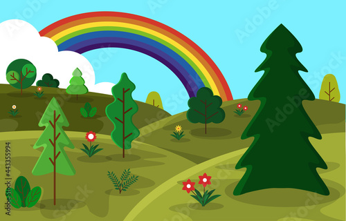 Beautiful Rainbow Summer Hills Meadow Nature Landscape Illustration