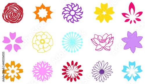 Colorful flower icons set of 15 flowers