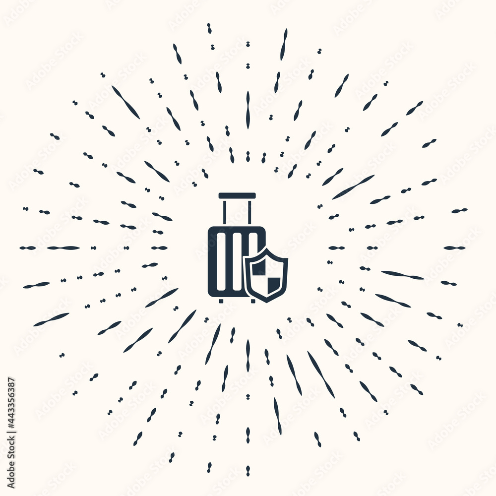 Grey Travel suitcase with shield icon isolated on beige background. Traveling baggage insurance. Security, safety, protection, protect concept. Abstract circle random dots. Vector. Grey Travel suitcase with shield icon isolated on beige background. Traveling baggage insurance. Security, safety, protection, protect concept. Abstract circle random dots. Vector.