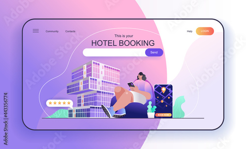 This is your Hotel Booking concept for landing page. Traveler reserves room or apartment in mobile application for vacation web banner template. Vector illustration in flat cartoon design for web page