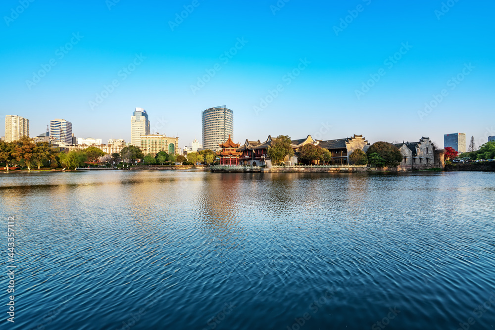 Naklejka premium Classical architecture garden landscape of Ningbo Yuehu Park