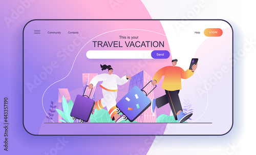 This is your Travel Vacation concept for landing page. Couple with suitcases traveling, travelers with luggage go on trip web banner template. Vector illustration in flat cartoon design for web page