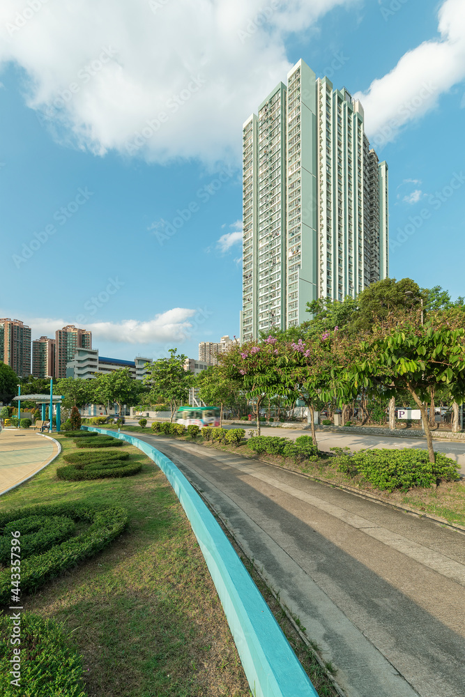 High rise residential building and road in Hong Kong city High rise residential building and road in Hong Kong city