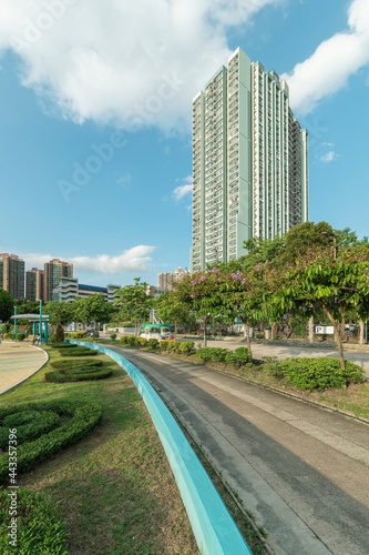 High rise residential building and road in Hong Kong city