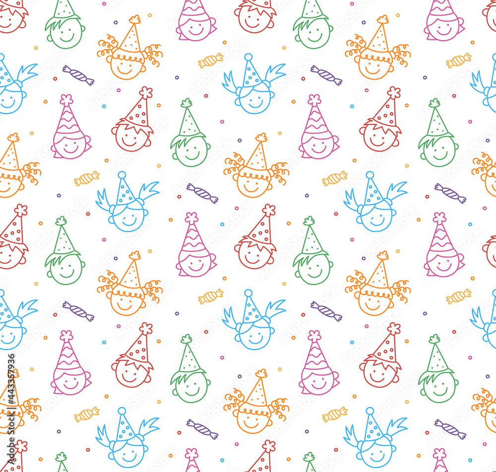 Seamless pattern with Happy Birthday doodles. Funny children faces. Kids in festive hats on a fun holiday. Hand drawn children drawing. Color vector illustration in doodle style on white background. Seamless pattern with Happy Birthday doodles. Funny children faces. Kids in festive hats on a fun holiday. Hand drawn children drawing. Color vector illustration in doodle style on white background.