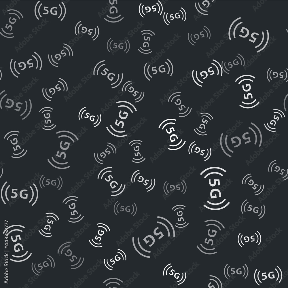 Grey 5G new wireless internet wifi connection icon isolated seamless pattern on black background. Global network high speed connection data rate technology. Vector Grey 5G new wireless internet wifi connection icon isolated seamless pattern on black background. Global network high speed connection data rate technology. Vector