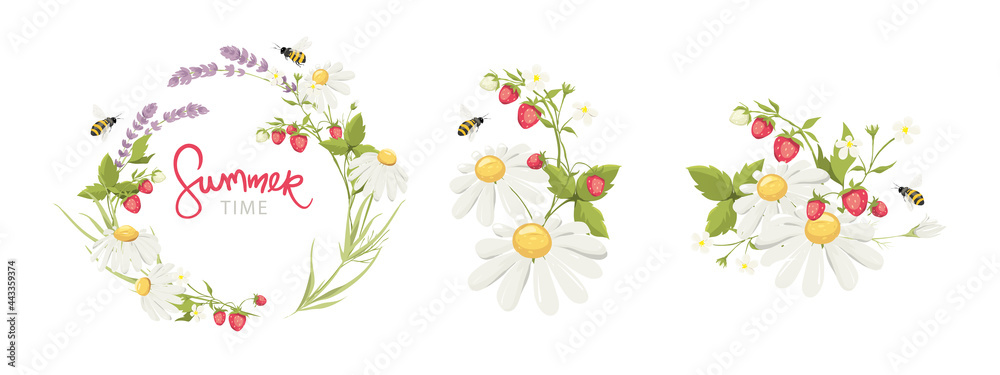 Decor for Wedding invitation with lavender, chamomile, strawberry and bees. Set vector design elements on the theme of flowering and summer.	