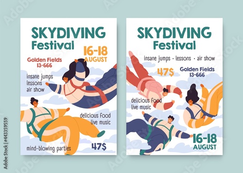 Flyer design of skydiving festival. Vertical banner template for skydiver's event. Backgrounds with parachute sport ad. Colored flat vector illustration of posters with people flying in sky