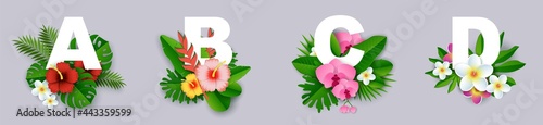 Floral alphabet, vector paper cut illustration. A, B, C, D letters with beautiful exotic tropical leaves and flowers.
