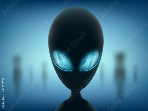Alien stand on background of glowing light.