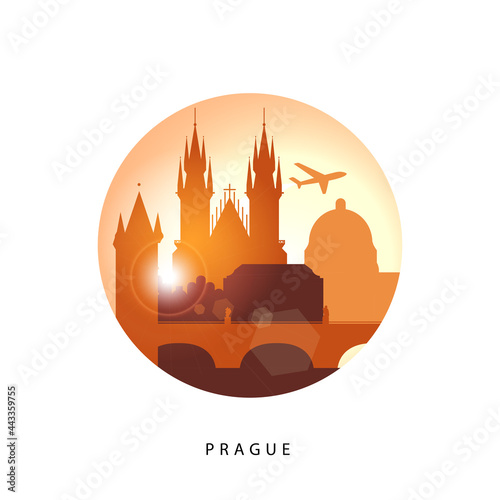 Linear illustration of Prague, Czech Republic. Sunset minimalistic design. Trendy vector illustration. Architecture line cityscape with famous landmarks, city sights, design icons.