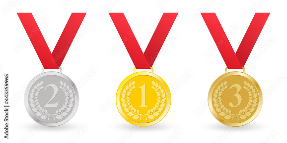 Medal set. Gold, silver and bronze medals with ribbon. Award, prize ...