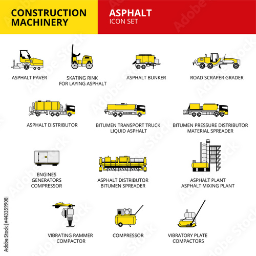 Asphalt machinery vehicle and transport car construction machinery icons set vector