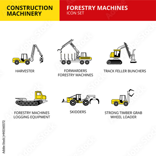 Forestry Machines machinery vehicle and transport car construction machinery icons set vector
