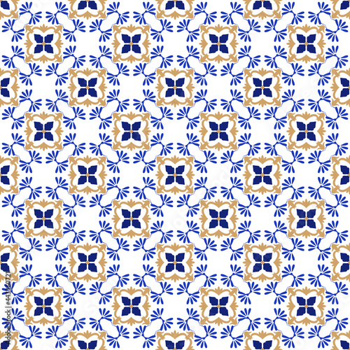 Azulejos portuguese traditional ornamental tile, blue and white seamless pattern