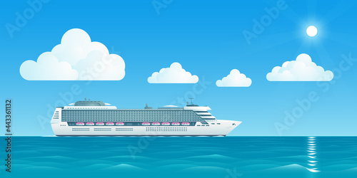 Vector illustration of a white cruise ship is floating at sea also there are white clouds and the sun in the artwork of a cruise ship travel.