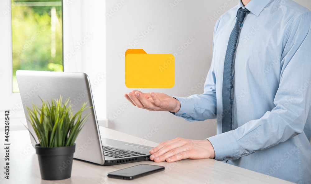 Businessman hold folder icon.Document Management System or DMS setup by IT consultant with modern computer are searching managing information and corporate files.Business processing, Businessman hold folder icon.Document Management System or DMS setup by IT consultant with modern computer are searching managing information and corporate files.Business processing,