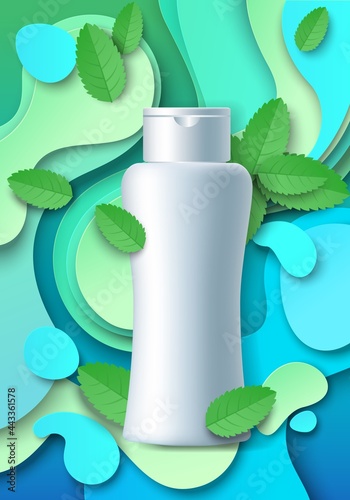 White blank cosmetic bottle mockup, paper cut mint leaves, splash, vector illustration. Mint hair shampoo ads template