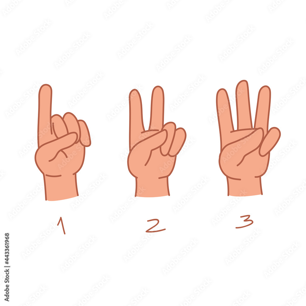 Hands are counted on the fingers from 1 to 3. A set of three hands with different gestures and the number of fingers. Vector illustration in cartoon children s style. Isolated clipart Hands are counted on the fingers from 1 to 3. A set of three hands with different gestures and the number of fingers. Vector illustration in cartoon children s style. Isolated clipart