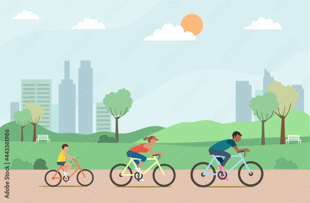 Naklejka premium Active family riding on bicycles in the park ,Vector illustration.